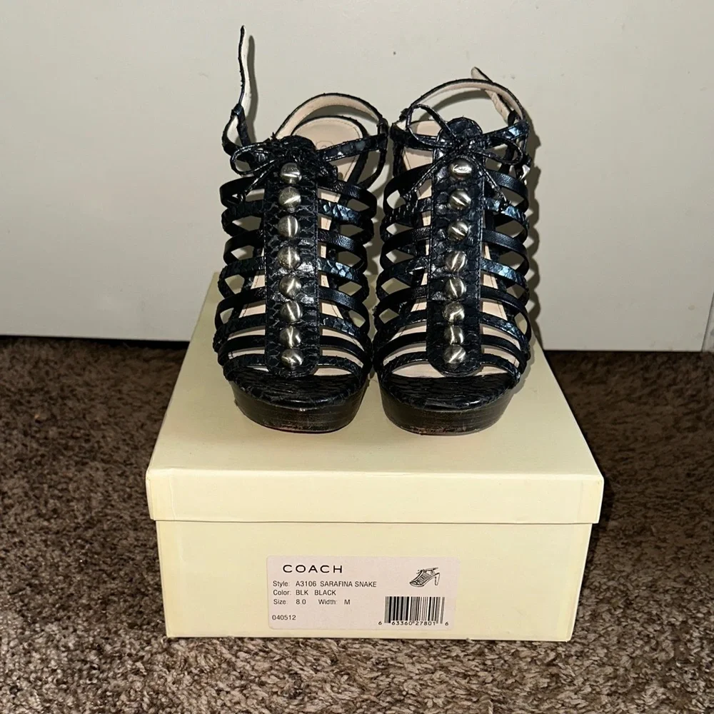 Coach Black Strappy Heels with Stud Accents - Picture 2 of 4